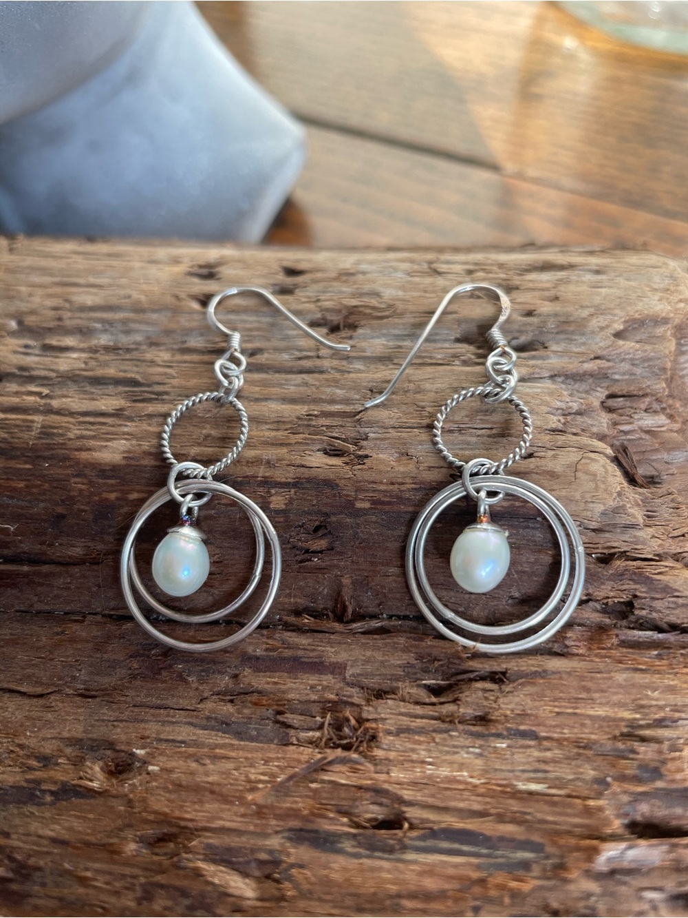 Sterling Silver Pearl Double Hoop Drop Earrings